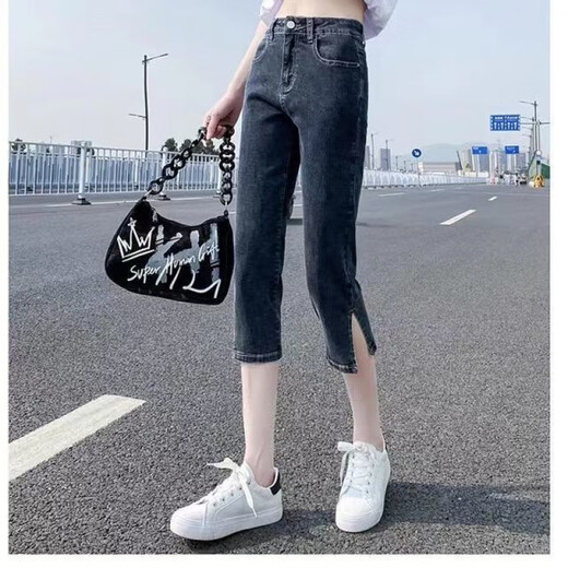 黎尚朵七分牛仔裤女夏季2025年新款高腰显瘦小个子胖m开叉大码直筒中裤 6189蓝色 2XL  建议130-145斤