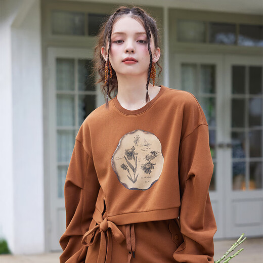 Two or Three Things Chixia Yuhui 2025 Spring New Retro Literary Print Pattern Strap Design Sweater Suit Brown S