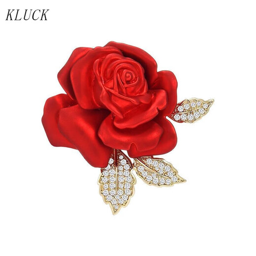 KLUCK gold store model Chinese red rose brooch, high-end women's corsage, high-end sense brooch, new exquisite style, three-petal red rose corsage