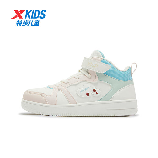特步童鞋儿童板鞋女童中大童革面新年款耐磨拼色鞋萌趣装饰魔术贴板鞋 帆白/纯净粉 36