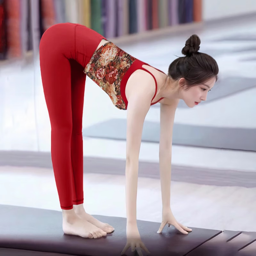 Double Show Printed Yoga Wear Vest Women's New National Style Beautiful Bra Strap Pad Pilates Red Sports Bra Fitness Bra Floral Top + Burgundy Pants Set L (110-120)