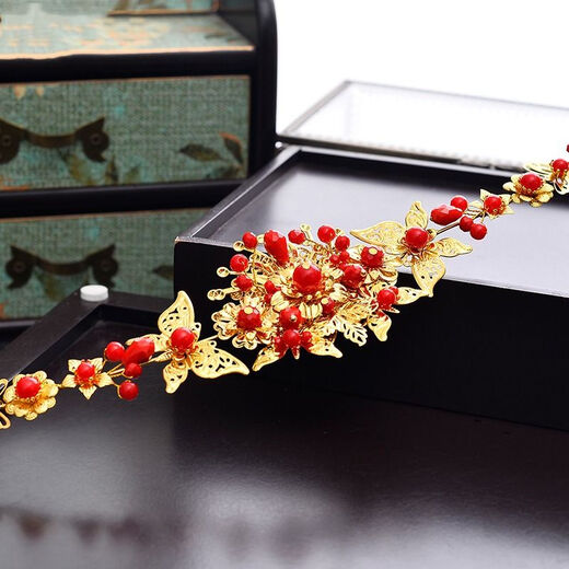 Paup New Chinese Style Bridal Headress Classical Phoenix Crown Shaking Shaking Wedding Xiuhe Cost Tassels Headress Set (Style Crochet d'oreille)