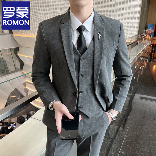 ROMON plaid suit suit male groom wedding suit three-piece groomsmen suit slim Korean style casual formal jacket dark gray three-piece suit free tie XL (120~135Jin Jin equals 0.5kg)