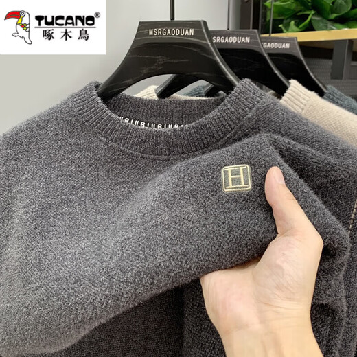 Woodpecker integrated velvet high-end round neck sweater for men's autumn and winter style plus velvet thickened warm base knitted sweater clothes 10749/9906 beige [added velvet thickened] 3XL