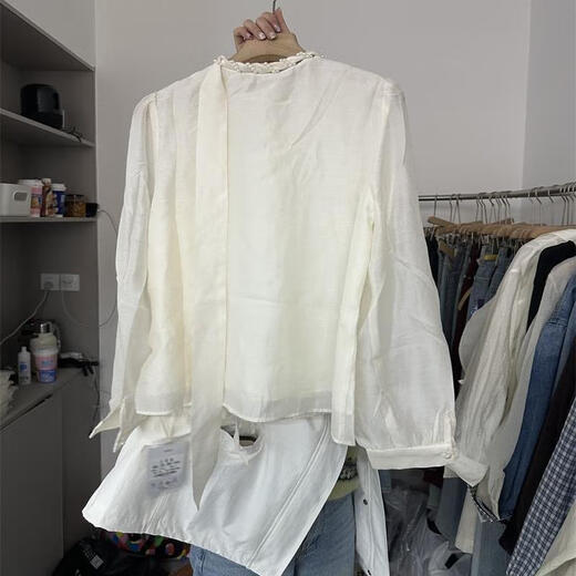 
Yuanpeng Tubuyu 6187 French design bow shirt for women 2025 spring new niche loose versatile shirt off white M