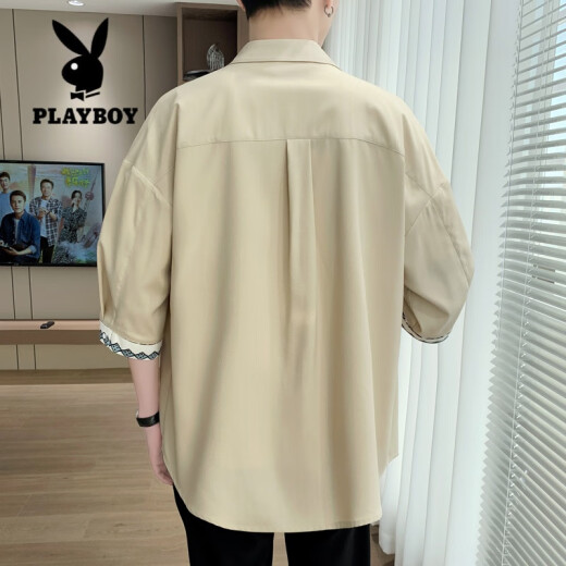 花花公子（PLAYBOY）轻熟风短袖衬衫男士夏季外套潮牌度假痞帅慵懒休闲冰丝七分袖衬衣 838米白 L