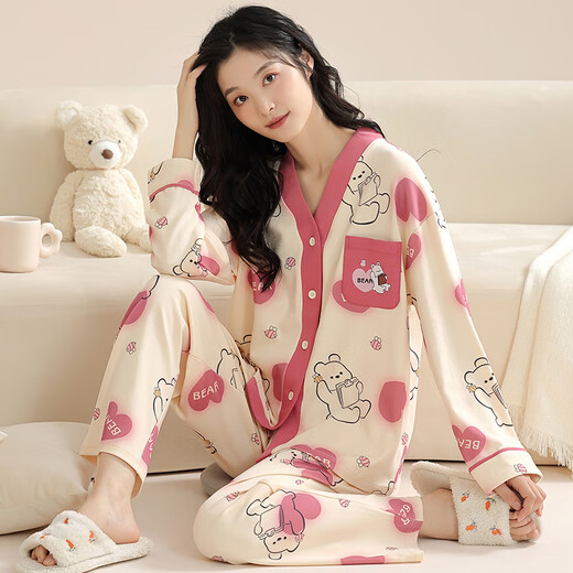 
CLOLV KISS CK pure cotton pajamas for women, houndstooth spring and autumn long sleeves trousers, Korean cute outerwear suit thin home clothing, guarantee that pure cotton will not be pilled--9901 M Recommended 70-90Jin [Jin equals 0.5 kg]