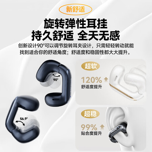 Philips (PHILIPS) Bluetooth headset ear clip type bone conduction headset concept wireless open type non-in-ear hanging type sports music call noise reduction suitable for Huawei Apple TAT4459-Black