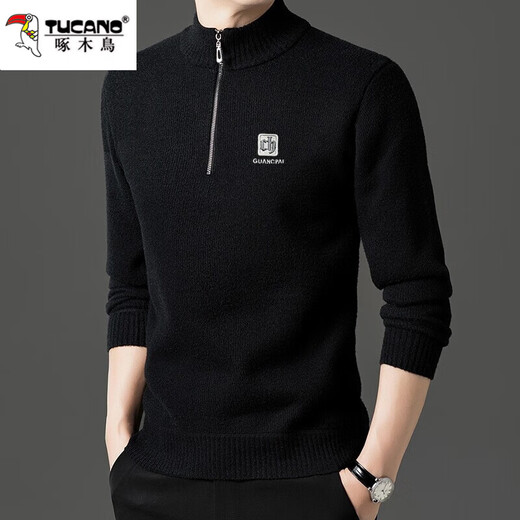 Woodpecker all-in-one velvet zipper half turtleneck men's sweater plus velvet thickened warm men's winter 2025 new thermal top beige plus velvet XL