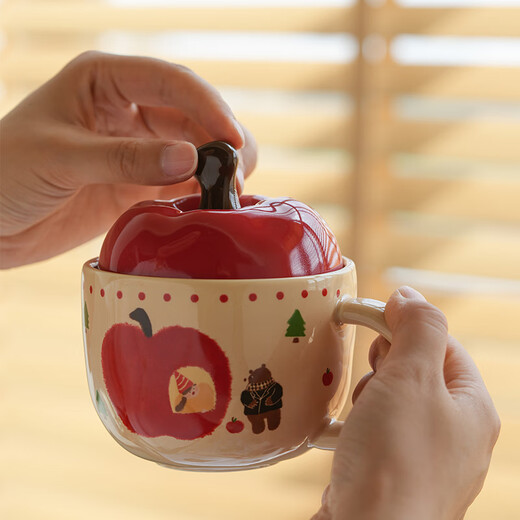 Fourth Moon Cute Cup Apple Ceramic Cup Water Cup with Lid High-Looking Mug Girl Birthday Gift Big Apple Girl (Cup + Lid + Spoon)