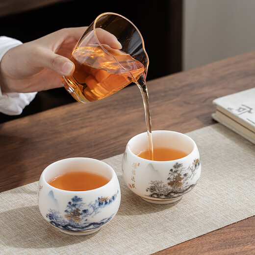 Gold inlaid jade tea cup, Kung Fu tea set, tea cup, mutton fat jade white ceramic gift box, high-end Yan Ting Sing Wan