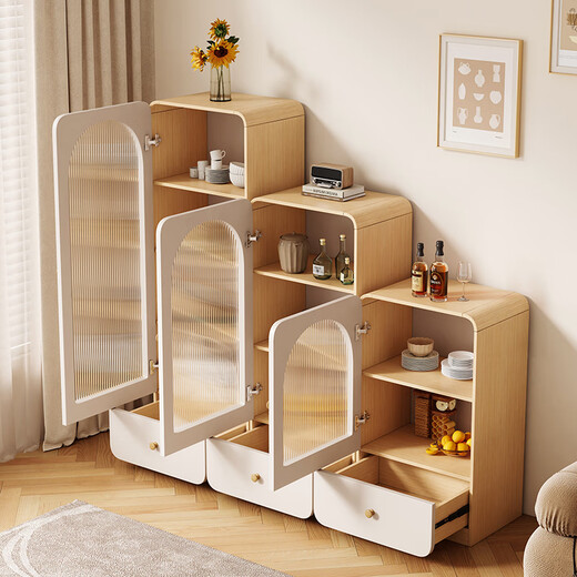 Entao cream style dining side wine cabinet against the wall home living room TV side cabinet glass door bookcase display storage storage cabinet 40*42*133-single door (raw wood color)