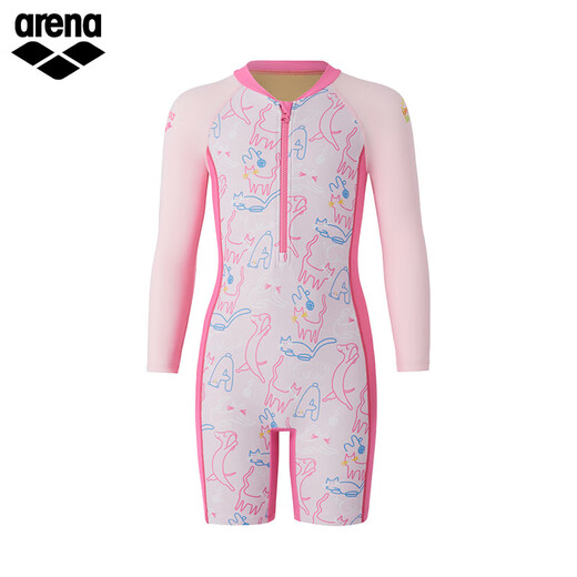 Arena's 25-year new children's amusement park sun protection conservative and comfortable one-piece long-sleeved boxer swimsuit comfortable and durable swimsuit light pink front zipper for easy putting on and taking off 130 (height 125-135/bust 61-67)