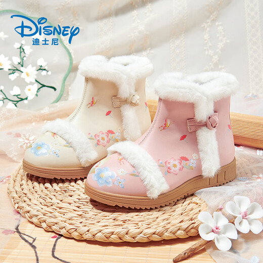 Disney children's shoes, Chinese style girls' Hanfu shoes, sweet winter plus velvet short boots, retro cotton boots DP22160 pink 31