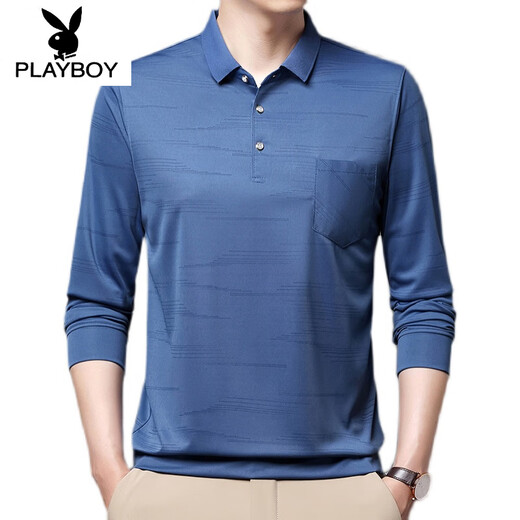 花花公子（PLAYBOY）男士长袖T恤春秋季翻领上衣真口袋有兜条纹宽松男装冰丝POLO保罗 B753波浪 蓝色 XL 175/115/52