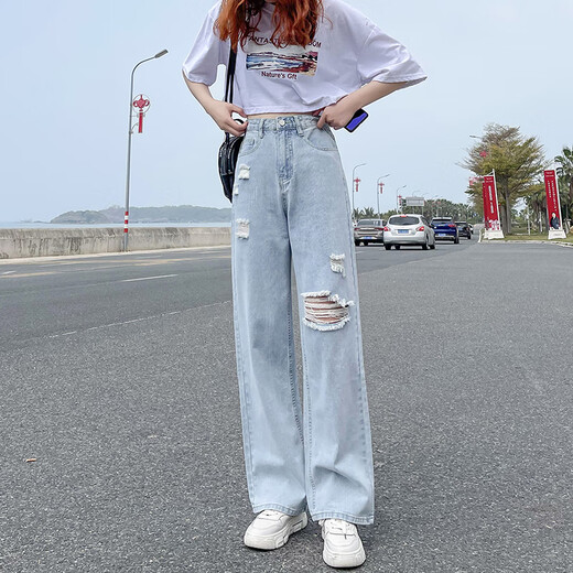 网红破洞牛仔裤女2025春秋新款高腰显瘦垂感阔腿拖地裤ins潮夏装 浅蓝色现货【687款长裤】 XL