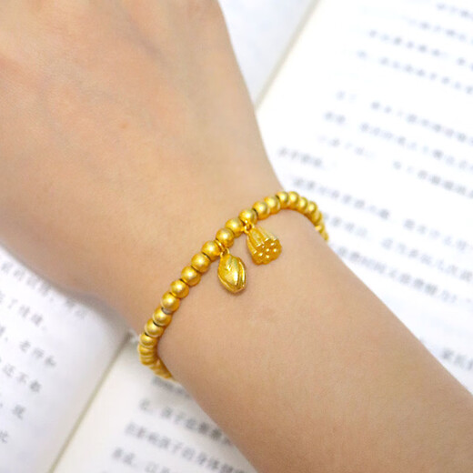 Only double ancient method sand gold bracelet women's 999 pure gold two worlds happy lotus gold bracelet Vietnam 24K gold plated jewelry ancient method beads 5mm bracelet 13-14 cm (elastic