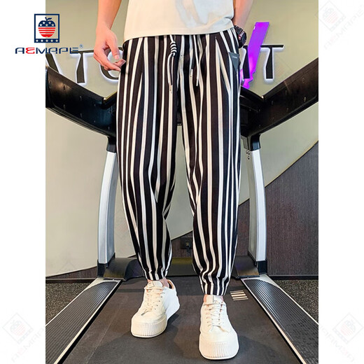 Pantalones casuales de aemape para pantalones de seda de hielo de rayas delgadas para hombres para pantalones de harén sueltos de verano para pantalones de hombres nuevos pantalones recortados estilo principal de imagen principal en forma suelta 120 Jin [Jin iguala 0.5 kg] m