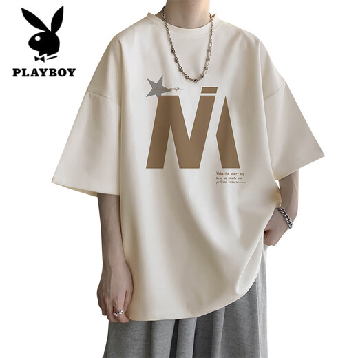 花花公子（PLAYBOY）杏色短袖t恤男士夏季薄款潮牌宽松休闲半袖男生圆领五分T恤衣服 5012杏色 M 90-110斤可穿