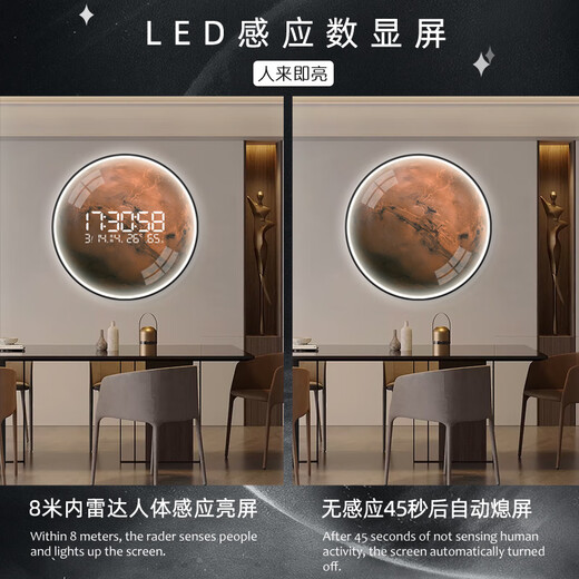Kleine Gemälde Uhr High-End-Sense kreisförmiger Mond Esszimmer Hänge elektronische Uhr Wanduhr Wohnzimmer 2025 Neue Style-Eingang Dekorative Maluhr ZP3893 [LED Digital Display Screen-Can immer eingestellt werden] 47 Zoll 120*120 cm [elektrisches Modell mit Lichtern]