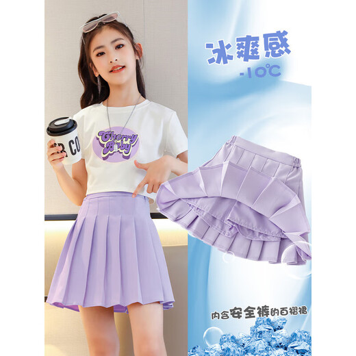 Zhao Qingyu Girls Jk Suit Femenino Estudiante College Falda Niños Falda de verano Pantalones de manga corta Traje de falda de manga corta 6-12 años 9889 Camiseta de manga corta + falda corta de color púrpura 140