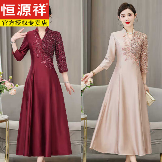 Hengyuanxiang Mother Banquet Press Cheongsam Платье 2025 Новое китайское стиль в стиле китайского стиля Свадебное банкет Благородное платье для женщин Deep Khaki 6625 XL 170 [110-120JIN [JIN равно 0,5 кг]]