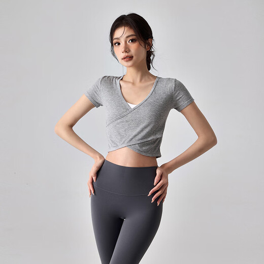 LULUUVTTOH breathable V-neck yoga top for women, slim fit, short navel-baring fitness wear, professional Pilates training T-shirt, gray S (recommended 80-100Jin Jin equals 0.5kg)