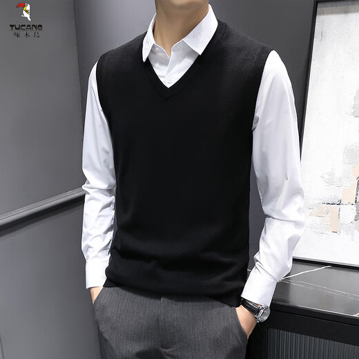 啄木鸟（TUCANO）时尚都市男士针织背心马甲春秋冬款无袖毛衣修身坎肩打底衫v领衫 SXZFS-14126黑色 M