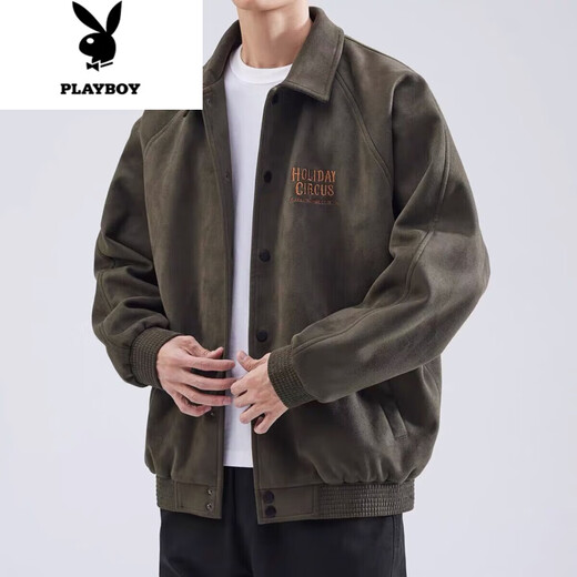 Playboy (PLAYBOY) American retro classic buckskin lapel baseball jacket men's loose trendy brand large size spring and autumn jacket for men gray green high quality fabric XL recommended 125-150Jin Jin equals 0.5 kg