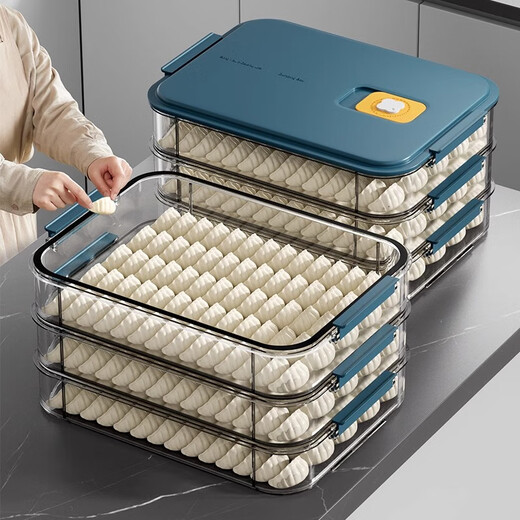 WELLMEET dumpling storage box for refrigerator, food-grade freezing, special kitchen quick-frozen dumpling preservation box, wonton hand tray, dark blue, 4 layers, one lid - holds 280 dumplings