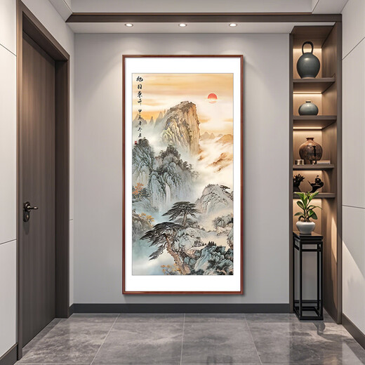 Good wood Rising Sun in the East Hand-painted Mount Tai Sunrise Chinese Painting Entrance Hall Hall Hanging Painting Decorative Painting Ink Landscape Painting Mural A-Rising Sun in the East 50*100cm High Definition Giclee Elegant Walnut Solid Wood Frame Solid Wood Thin Frame