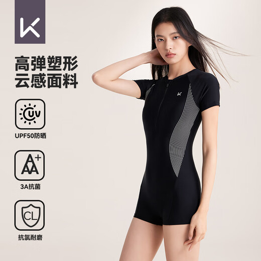 Keep swimsuit women's professional one-piece boxer swimsuit racing conservative large size spa swimsuit 047 black L