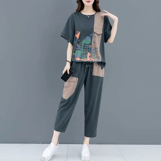 鸢诺中年妈妈装大码宽松显瘦运动服两件套夏季印花拼接短袖休闲套装女 838#绿色 L 【建议90-110斤】