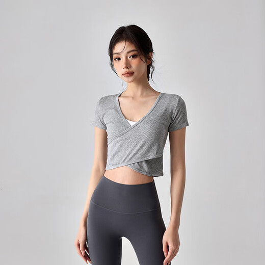 LULUUVTTOH breathable V-neck yoga top for women, slim fit, short navel-baring fitness wear, professional Pilates training T-shirt, gray S (recommended 80-100Jin Jin equals 0.5kg)