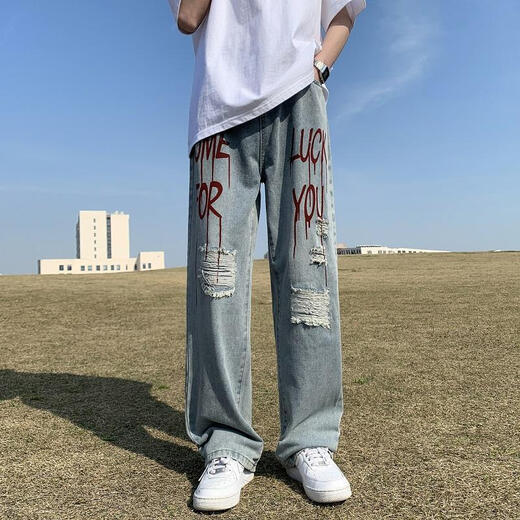 Beggie Schach Amerikaner HipHop zerrissen Jeans Herren Sommerdünnmodische Marke Pussy Vibe Feng Gaojie Loose Straight Hosen 6623/Blau [(hohe) Qualität] L 120-135jin [Jin entspricht 0,5 kg]