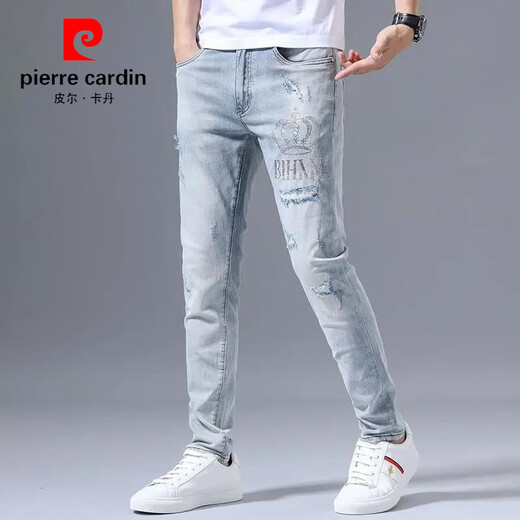 皮尔卡丹（pierre cardin）春秋季弹力牛仔裤男士破洞刺绣2025潮流修身小脚浅色百搭长裤子 浅蓝色3890皇冠破洞裤 30 【建议110-125斤】