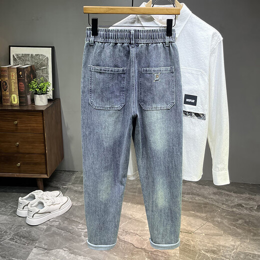 Elastische Taille Stretch Dehnung neun Punkte Jeans Herren Harem Hosen Lose Stretch-Krawattenhose Herren 2025 Sommer dünner Stil hellblau 36