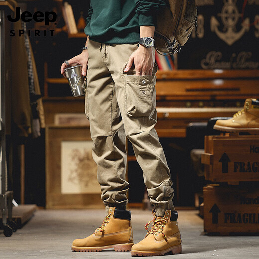 吉普（JEEP）美式高端纯棉工装裤男士春秋夏季运动休闲裤多口袋潮流束脚长裤子 卡其色679夏季 薄款 29 【建议110-118斤】