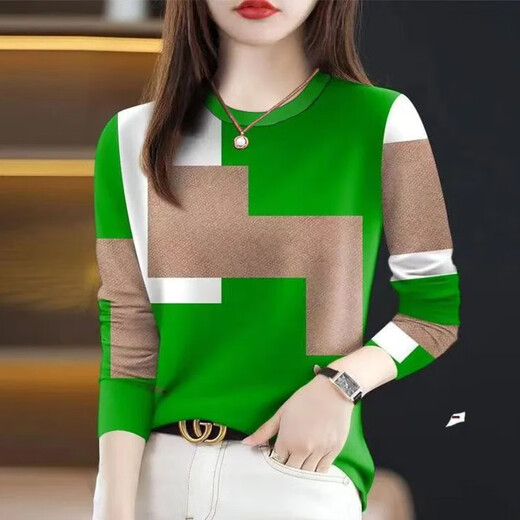 Suqinren long-sleeved T-shirt for women, high-end 2025 new spring and autumn printed long-sleeved loose slimming belly-covering T-shirt for women, trendy red L recommended 100-110 Jin Jin equals 0.5 kg