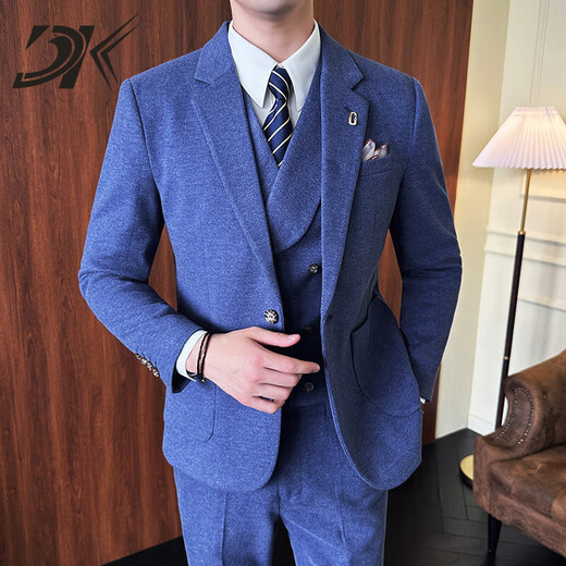 DK brand men's woolen suit suit men's spring and autumn new Korean version slim wedding suit dress three-piece set brown suit + trousers M