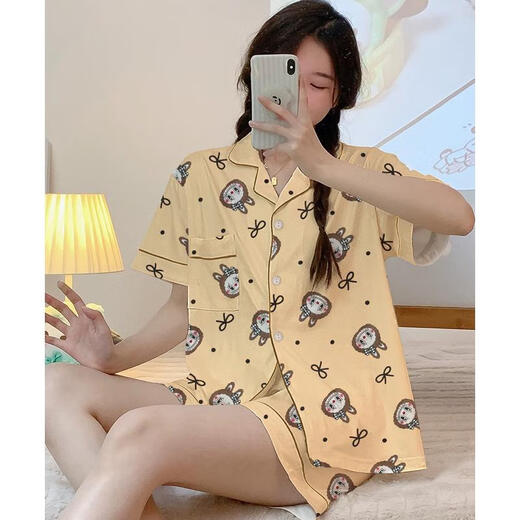浅物2025新款labubu卡通可爱睡衣女春夏季短袖长裤三件套家居服可外穿 14126#双长拉布布 黄色 三件套  XL  110-130斤