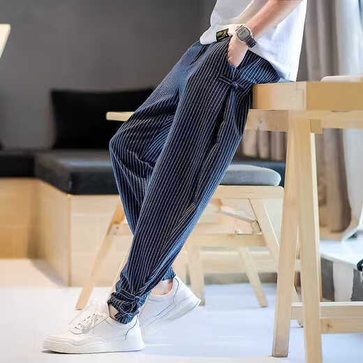 Kurashi Ichiki Kazuki Kuraishi Trendy Marke Leichte Luxus gestreifte Leinenhosen Männer 2024 Sommer Dünn Ice Seide Cropped Hosen lässige Harem Hosen Hosen Herrenkleidung grau xl