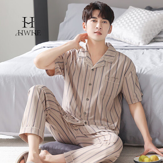 
HWHE light luxury brand short-sleeved pajamas men's 2025 summer new pure cotton trousers thin middle-aged dad's home clothing set 9864 dark blue XL (175 size) recommended height about 175, body