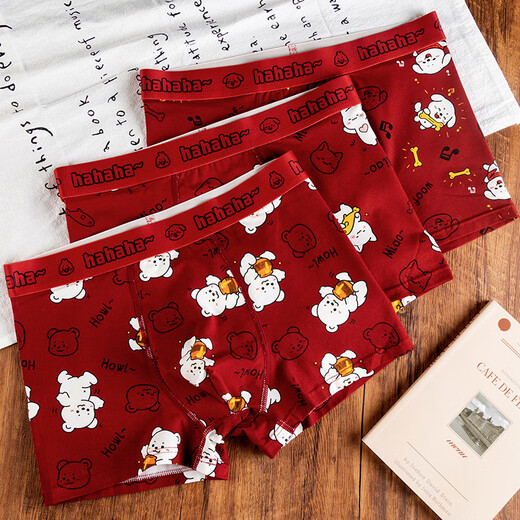 Caileikei 2694 people collected Yuanbao cute snake year animal year men's pure cotton underwear four corners summer boys red (kitten red + bear red + piglet red) 3 pieces L (recommended weight 80-105 Jin Jin is equal to 0.5 kg)