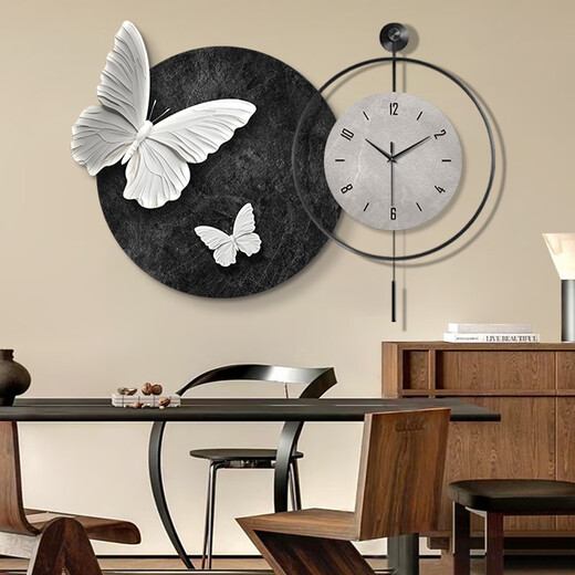 Little Painting Clock, Wasabi Wind, Schmetterlingswanduhr, Schwarz, Weiß und graues Restaurant Dekoration Malerei, High-End-Abstrakte Wohnzimmeruhr Hängende Wand VERSATILE ZP4877+ZP4878 [Schmetterlingsuhr Malerei] 28 Zoll Malerei 70*70+Uhr 70*70 Goldrahmen