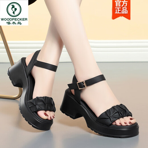 Spechtsgurt Sandalen für Frauen, Schwammkuchen dicker Sohle komfortabler und vielseitiger Sommer Neues Feenstil wasserdichtes Plattform Weiche unten Römische Frauenschuhe Hy2677 Black 35
