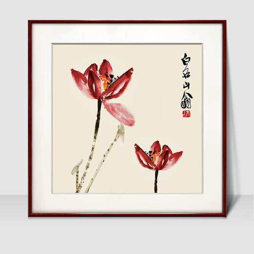 Zi Teng Suixuan Qi Baishi decorative painting new Chinese style living room background wall hanging painting bedroom dining room restaurant ink shrimp mural lotus A style 40*40cm mahogany color solid wood frame