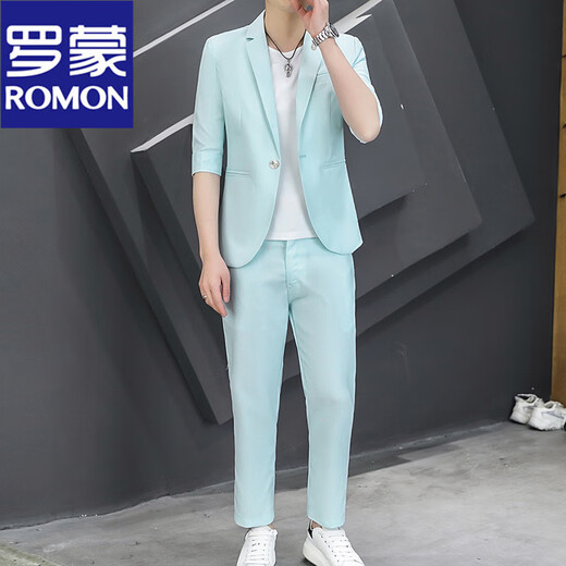 Romon Business Casual Traje pequeño Jaqueta Summer Summer Fina Profesional Traje profesional Summer Traje Azulada de trabajo Azul (Set-Top + pantalones de dos piezas) XL
