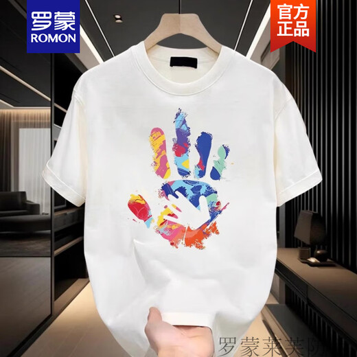罗蒙（ROMON）港风印花短袖t恤男夏季潮流男士体恤衫白色纯棉宽松潮牌流行上衣 白色【前左后大图K5021 四色手掌 S 建议90-100斤
