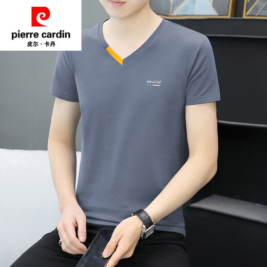 皮尔卡丹（pierre cardin）父亲节夏装新款纯色纯棉男短袖t恤打底衫V领体恤半袖上衣服 杏色qy691 XL 120-135斤
